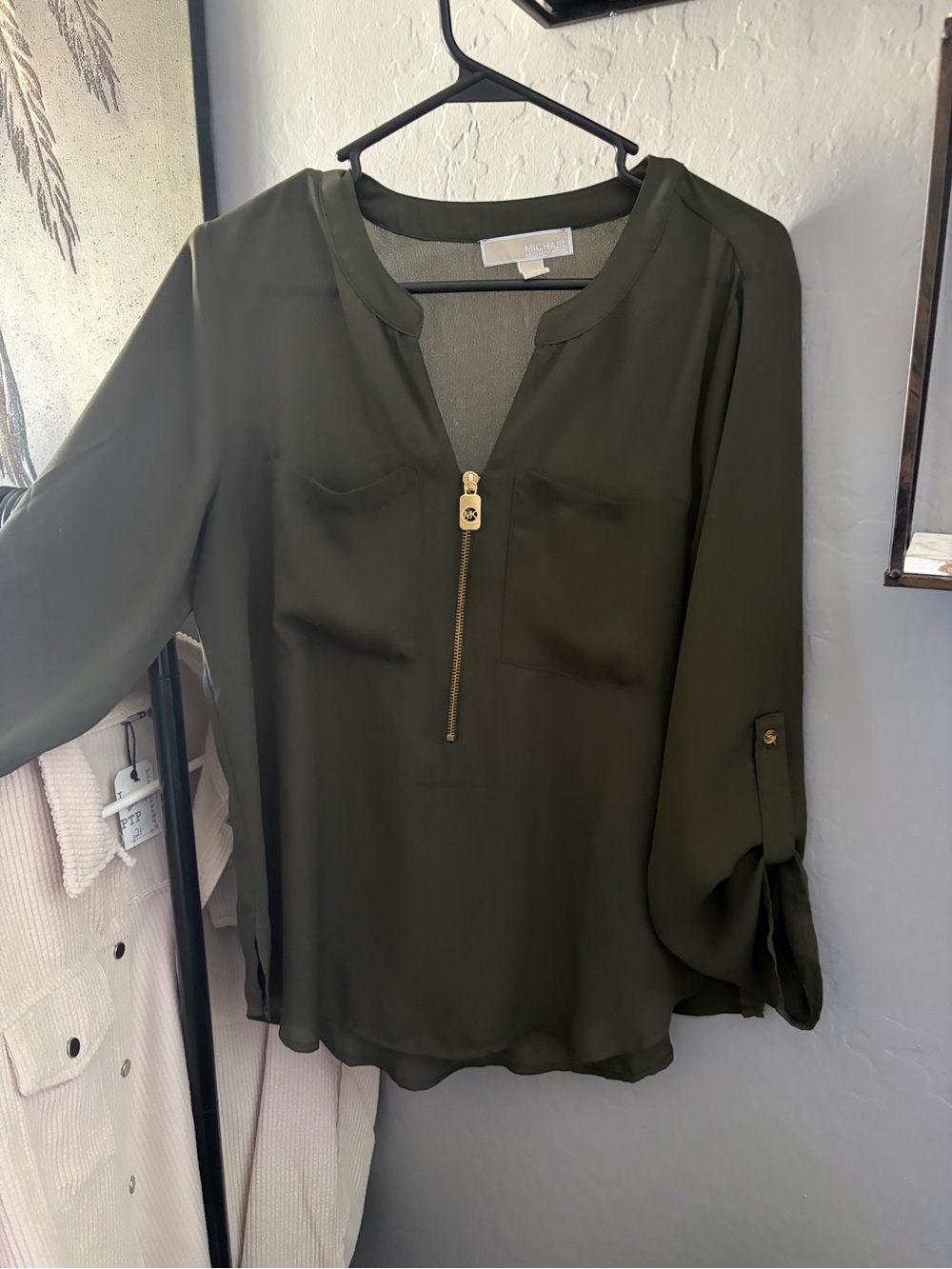 Michael Kors Olive Green Zip-Pocket Blouse